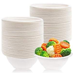 100 Pcs 8oz Disposable Paper Bowls,Natural Compostable Bowls,White Heavy-Duty Bagasse Bowls for Parties,Catering and Everyday Use