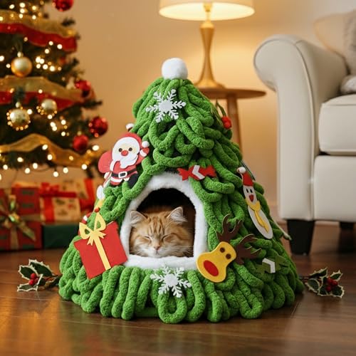PETKARAY Cat Cave Bed for Indoor Cats Pre-Assembled Cozy Felt Cat House with Plush Cushion Christmas TreeInspired Design