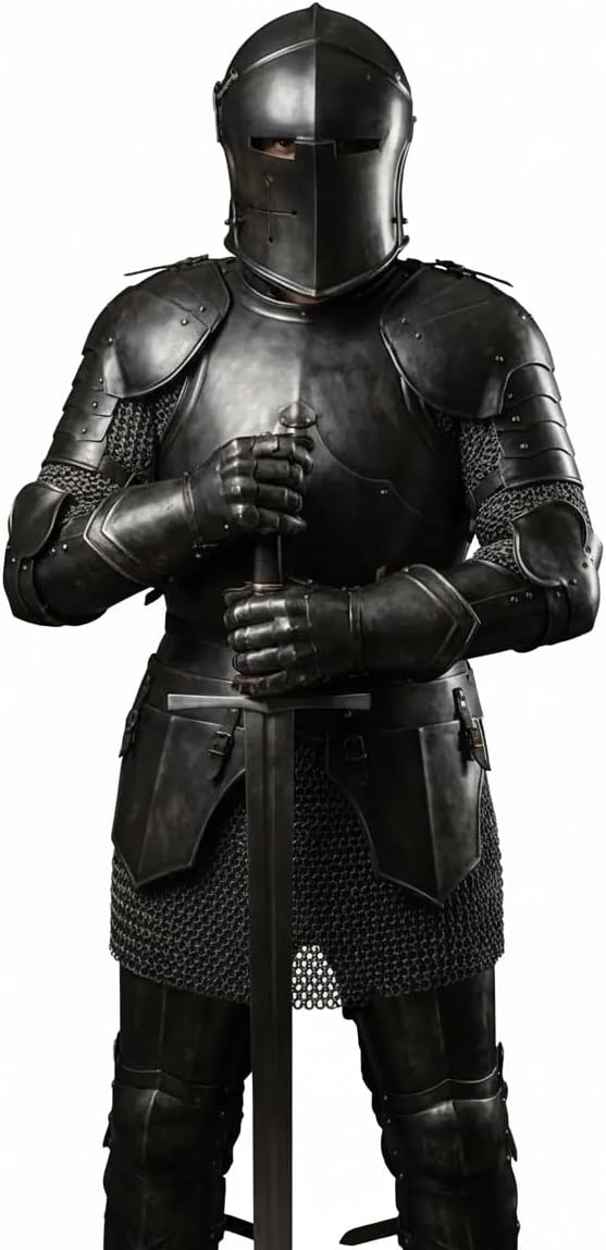 Medieval Knight Gothic Full Suit of Armor- 18 Gauge Steel Wearable Cosplay Body Armor W/Steel Breastplate Barbuta Helmet Perfect for LARP, Historical Reenactment, Cosplay, Halloween & Theater Costume