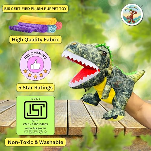 Image of Chi-Chimpu's Open Mouth Tyrannosaurus Dinosaur Hand Puppet for Kids | Soft Plush Animal Puppet for Storytelling Fun Learning Puppets Toy with Movable Mouth | Interactive Pretend Play | Forest Green