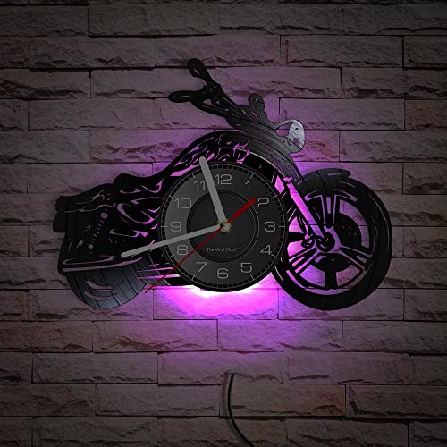Smotly Horloge Murale en Vinyle, Forme de Moto, Noire avec Veilleuse LED, Décoratives pour Salon, Cadeau pour Maison (avec Lumières)