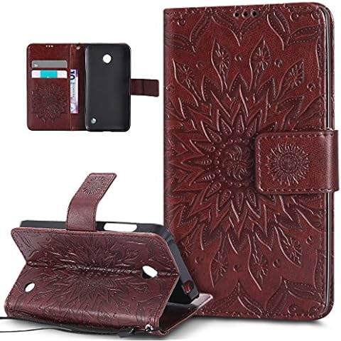 ikasus Nokia Lumia 630 Case,Nokia Lumia 635 Case, Embossing Mandala Flowers Sunflower PU Leather Magnetic Flip Folio Kickstand Wallet Case with Card Slots Case Cover for Nokia Lumia 630 / 635,Brown Cover