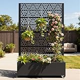 Ultym Metal Planter Box with Trellis, Galvanized Steel Raised Garden Bed with Privacy Screen, Lockable Casters, 73"x47"x16" Planter with Drainage Holes for Outdoor Climbing Plants, Vegetables, Patio