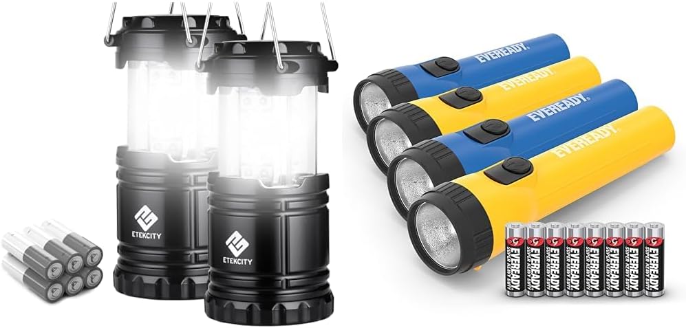 Etekcity Lantern Camping Essentials Lights, Led Lantern for Power Outages & EVEREADY LED Flashlights (4-Pack), Bright Flashlights for Emergencies and Camping Gear