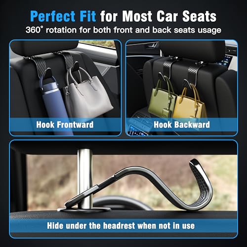 Image of 4-Pack Car Headrest Hooks Holds 55lbs Seat Storage Organizer for Bags | Durable ABS Material, 360 Rotating, Car Hanger for Backpack Umbrella Water Bottle Coat Handbags Groceries, Checkered Black