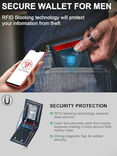 Image of Contacts Slim Leather Bifold for Men | RFID Blocking Card Holder with ID Window | Holds 13-17 Cards, Large Cash Slot | Thin Minimalist Front Pocket Design | Gift for Men (Blue)