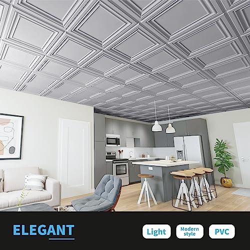 Image of Art3d PVC Ceiling Tiles, 2'x2' Plastic Sheet in Argent Silver (12-Pack)