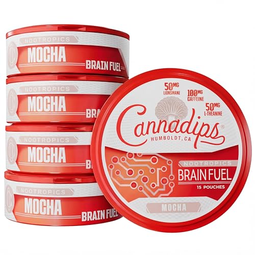 Cannadips - Mocha Energy Pouches - Nootropic Caffeine Pouches - 50mg Lions Mane 100mg Caffeine 50mg L-Theanine No Sugar - Clean Energy Brain Fuel for Cognitive Performance - Made in USA (5-Pack)