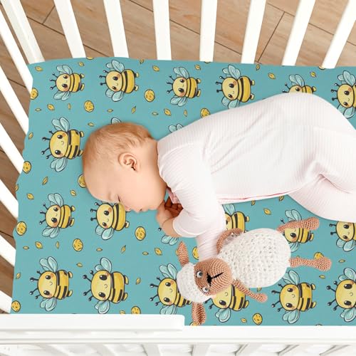 Image of Fitted Crib Sheets Cartoon Bee Holding Honey Pot Stretchy Portable Playard Sheets for Baby Toddler, Breathable Soft Mini Crib Mattress 39 x 27 in for Boys and Girls