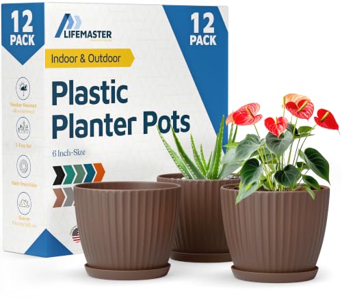 Brown 6-Inch Plant Pots with Drainage & Saucers 12 Pack, Indoor & Outdoor Planters for Houseplants, Herbs, and Flowers, Durable & Weatherproof Material, Stackable, Lightweight, Minimalist Design