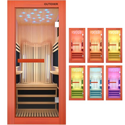 Image of OUTEXER Infrared Sauna 1495W Wooden Saunas Spa Room Pacific Clear Cedar Wood Single Person Indoor Saunas with Special Shaped Comfortable Backrest 32.68 * 47.24 * 69.29 Inch