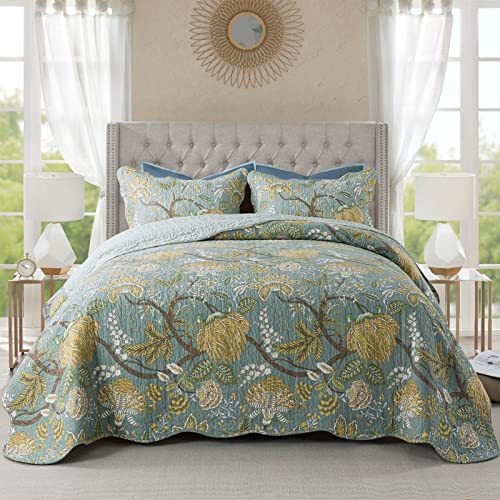 NEWLAKE Cotton Bedspread Quilt Sets-Reversible Patchwork Coverlet Set, Green Floral Pattern, King Size