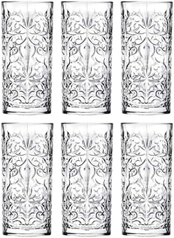 Barski Highball - Glass - Set of 6 - Hiball Glasses - Glass Crystal - Beautiful Tattoo Design - Drinking Tumblers - for Water, Juice, Wine, Beer and Cocktails - 13 oz Made in Europe
