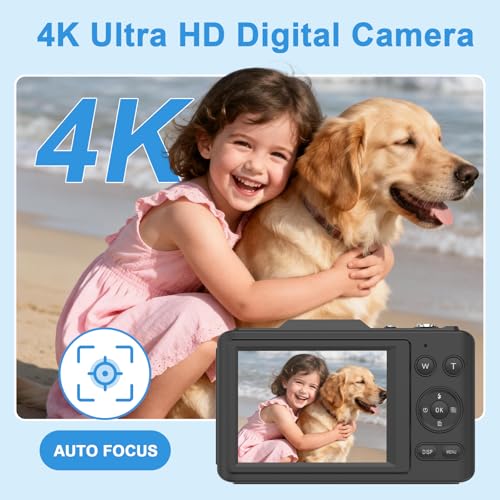Image of Digital Camera, Autofocus 4K Point and Shoot Digital Cameras with 16X Zoom Anti Shake, 48 MP Cameras for Photography with 64GB Card, Compact Portable Small Camera for Kids Girls Boys Beginners, Black