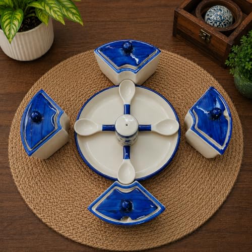 Image of Niyara Multipurpose Storage Ceramic Pickle set Jars with Lid & tray & spoon & Salt Dispenser (Set of 5, 300 ML) (Blue Floral)