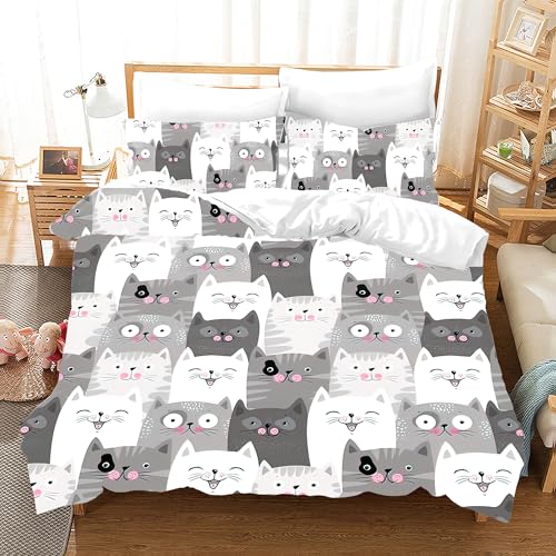 IUNTWEIE Housse de Couette Chat, Motif Chat Mignon en Microfibre Douce, avec Housse de Couette et taies d'oreiller, pour garçons et Filles (Chat 8, 220x240cm)