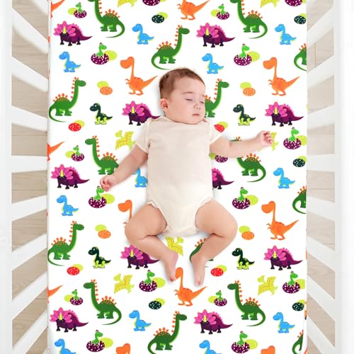 Image of JISEN Baby Crib Sheets Soft Breathable Dinosaurs Fitted Crib Sheets for Standard Crib and Toddler Mattress Baby Bed Sheets for Boys Girls Neutral 52x28 Inch