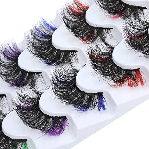 Pawotence Colored Lashes Natural Fluffy Eyelashes Colorful 3D Effect Natural Faux Mink Lashes Wispy Lashes Dramatic Festival False Eyelashes Fluffy 5 Pairs Pack