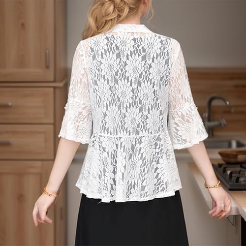 Image of FindThy Women's 3 /4 Flare Sleeve Lace Cardigan Tie Knot Front Floral Knitted Cover Up Shrugs