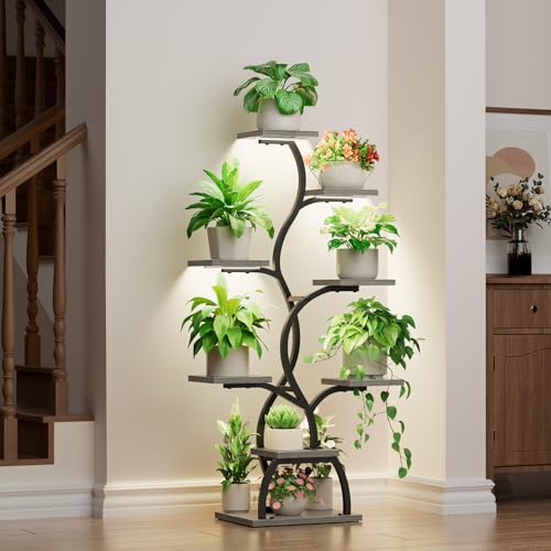 Image of Plant Stand Indoor with Grow Light - 8 Tiered Corner Plant Shelf Indoor | 49 inch Plant Holder with Lights for Indoor Growing, Tall Lighted Flower Stand for Living Room, Balcony, Gray