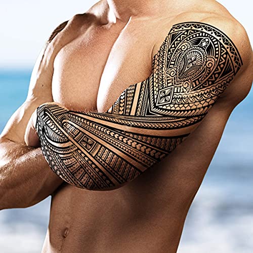Tatodays 2 X Temporary Tattoo Turtles Stick On Black Maori Tribal Body Art Sticker Transfer For Arms Shoulder Aztec Polynesian Samoan Hawaiian For Adult Men And Women Luau Party Fancy Dress #TOP3