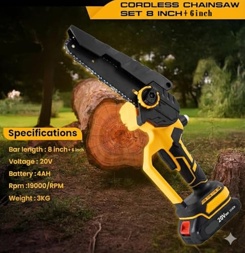 Image of Hetkrishi Mini Chainsaw Cordless, 8 Inch & 6 Inch Electric Chainsaw Battery Powered, 1000W Brushless Handheld Power Chain Saw with 2 Batteries, Tree Saw for Branch Trimming Wood Cutting