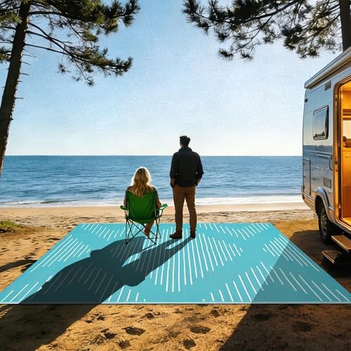 MilleLoom 6x9 Outdoor Camping Rug Clearance, Plastic Straw Rug for Patio, Line Portable Reversible with Carry Bag Outdoor Carpet Mat for Deck Porch Backyard (Light Blue and White) — view 7