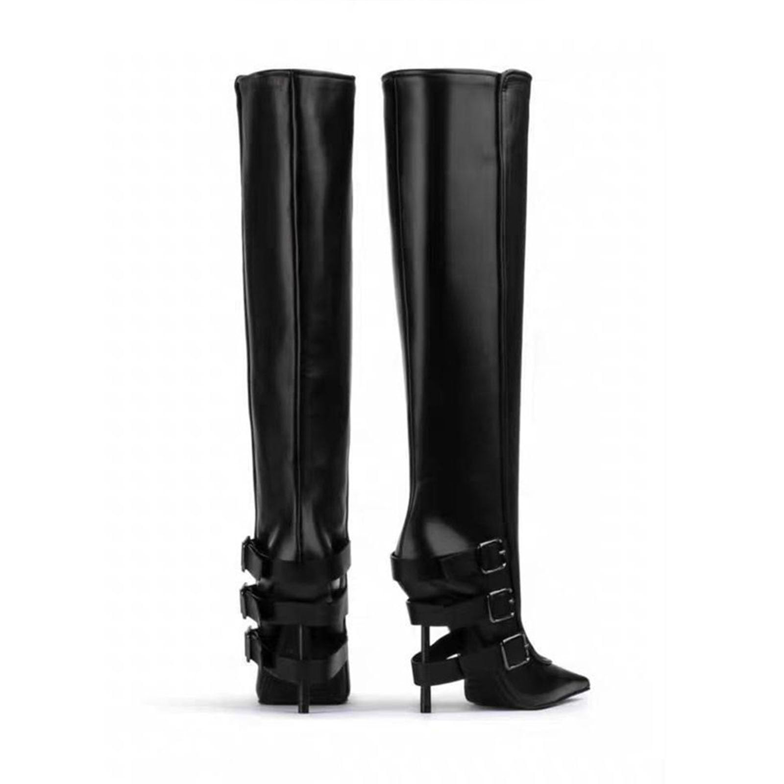 Winter Black Leather Buckle Stiletto Heel Knee-High Boots For Evening Fashion Womens Elegant Pointed Toe High Boots