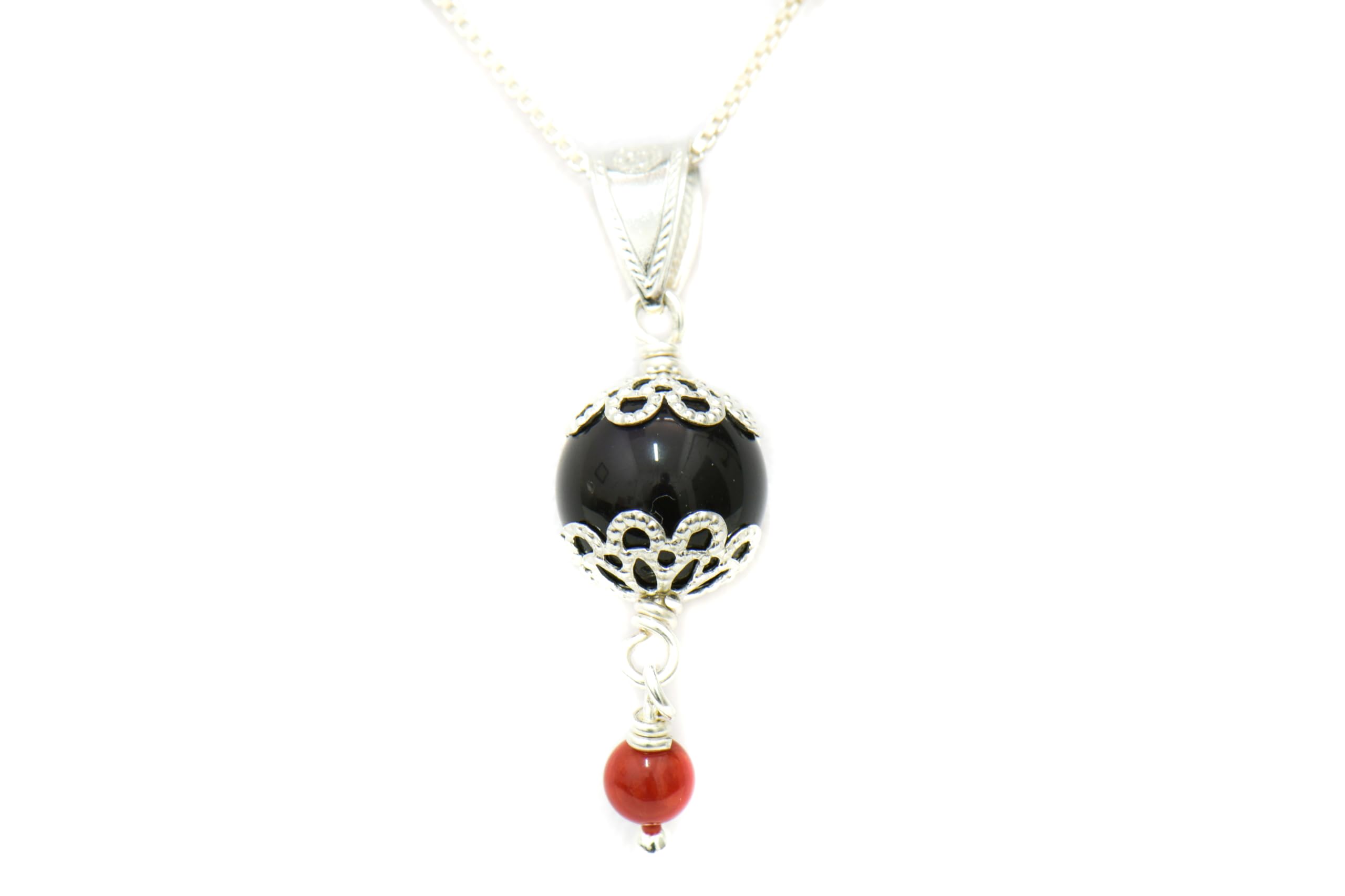 Girocollo su Coccu con Corallino in Ossidiana, Argento 925, Collana da 50 cm. con Ciondolo Portafortuna, Artigianale Sardegna