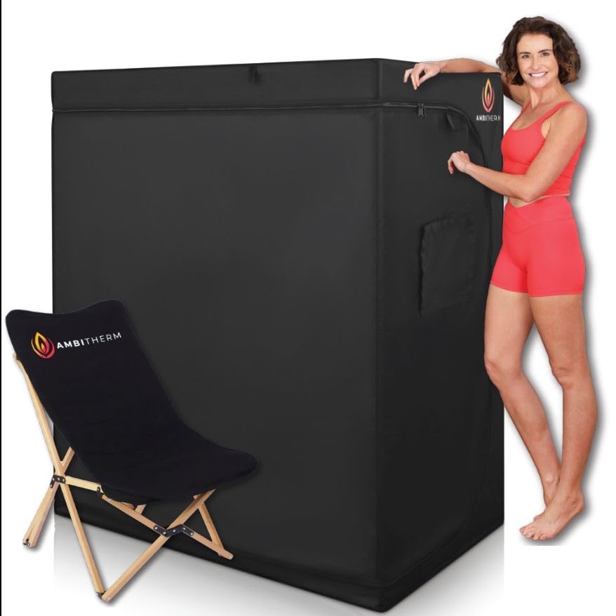 AMBITHERM Extra Large Portable Infrared Sauna for Home – Spacious Infrared Sauna Tent with 50% More Legroom, 6 Infrared Heating Panels; Relax in Comfort with High-Back Wooden Chair