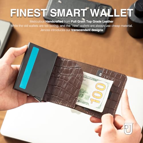 Image of Jenoss Smart Wallet For Men: Full Grain Leather, Handcrafted, Slide Metal Pop Up Case, Slim RFID Blocking Credit Card Holder, Minimalist, Compact, 6-8 Cards Organizers, Front Pocket, Clip (Burgandy)