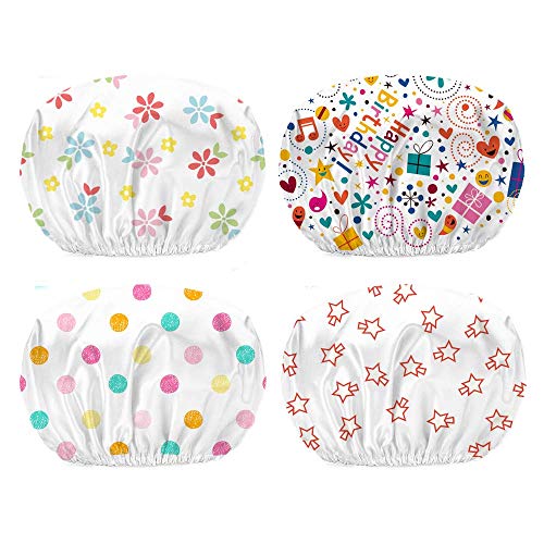 PUSSAER 4Pack Printed Shower Cap for Women Long Hair, Reusable EVA Extra Large Shower Hair Hat, Double Waterproof Protection, Kids, Men(Modern Fresh Natural Pattern 13 inches)