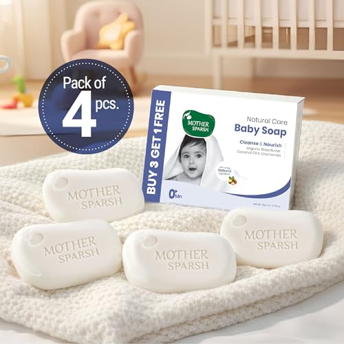 Image of Mother Sparsh Natural Care Baby Soap-75g x 4 | BUY 3 GET 1 FREE | Soap for Babies with Chamomile, Shea Butter & Coconut Oil | Gently Cleanses Baby's Skin