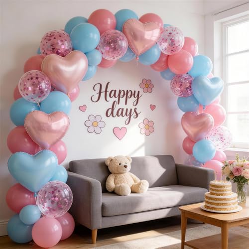 Image of Baby Pink & Baby Blue Heart Balloons Party Decorations - Heart Shaped Foil and Latex Balloon Decorations Set for Gender Reveal, Baby Shower, Kids Happy Birthday Party, Valentines, Wedding, Anniversary
