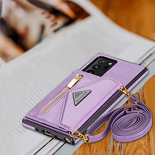 Kudex Galaxy Note 20 Ultra Wallet Case 5G 6.9-Inch, Zipper Back Flip Case With Crossbody Lanyard Adjustable Shoulder Strap Stand Card Slot Leather Square Cover For Samsung Note 20 Ultra 5G(Purple) #TOP4