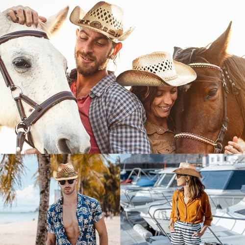 Image of Straw Cowboy Hat for Women & Men Western Cowgirl Hat Woven Sun Hat Adjustable Decorative Cowboy Hats with 5 Detachable Decorative Bands for Party Beach Travel & Outdoor Brown