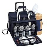 Picnic at Ascot Equipped Picnic Cooler On Wheels With Blanket, Navy/White With Gingham