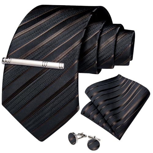 Image of DiBanGu Mens Striped Tie Silk Woven Necktie and Pocket Square Cufflinks Tie Clip Set Wedding Business Formal Gift Tie for Men