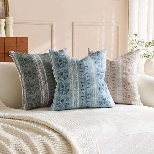 Striped Floral Indoor Outdoor Throw Pillow Covers 20x20 Set of 2, Waterproof Farmhouse Botanical Patterned Decorative Cushion Covers Modern Rustic Home Decor for Sofa Couch Living Room, Light Blue by KINDREX - Used condition - Image 4