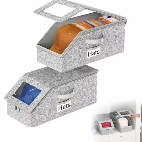 2-Pack Oversized Clear Hat Storage Boxes for Baseball Caps – Stackable, Foldable Cap Organizer with Sturdy Cardboard Base & Dust-Proof Lid – Ideal for Closet, Wardrobe, Car & Home Organization (Grey)