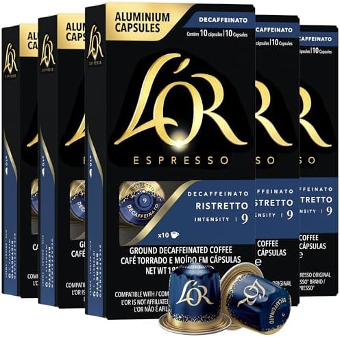 L'OR DECAF Espresso Capsules, 50 Count DECAF Ristretto, Single-Serve Aluminum Coffee Capsules Compatible with the L'OR BARISTA System & Nespresso Original Machines