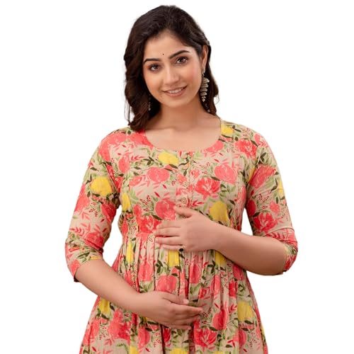 Image of The Moon Star Women's Cotton Floral Printed Anarkali Maternity Feeding Kurti | Breastfeeding Dress for Mothers | Zipper Feeding Kurti, Nursing Kurti, Comfortable and Trendy Maternity Wear