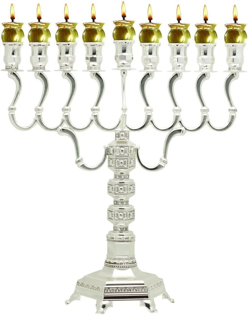 Ner Mitzvah Silver Plated Oil Menorah - Fits Standard Chanukah Oil Cups and Large Candles - Olive Branches - 14.5" High