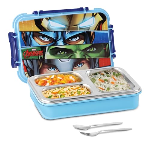Image of JAYPEE Toon Box 3 Marvel Series Power Avengers Inner Stainless Steel Insulated 3 Cavity Lunch Box for School Kids |Airtight Leakproof Tiffin Box with 2 Additional Lock|100% Food Grade|625 ml, SkyBlue