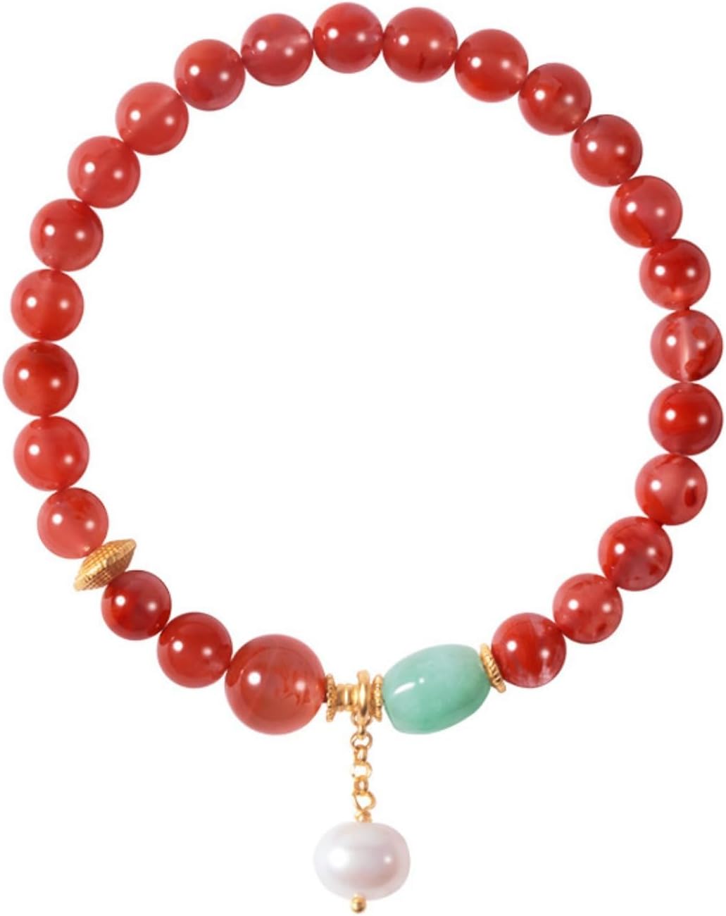 S925 Sterling Silver Jadeite Bracelets, Red Agate Jadeite Pearl Beaded Barrel Bead Rhodonite Dzi Bracelet with Lucky Koi Fish Charm, Gift for Friend on Birthday - Image 4