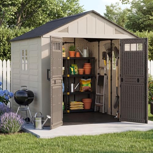 Image of Aoxun 8x8 Ft Outdoor Storage Shed with Floor, Large Resin Outdoor Shed with Lockable Door & Windows, Garden HDPE Sheds for Lawn Tools, Pool Supplies & Bikes
