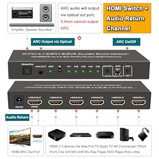 SkycropHD 4K@60Hz HDMI Switch Audio Extractor Converter, 5 in 1 Out HDMI Switcher with Optical & 3.5mm AUX Audio Output, Support HDCP 2.2, HDR10, 18Gbps, ARC