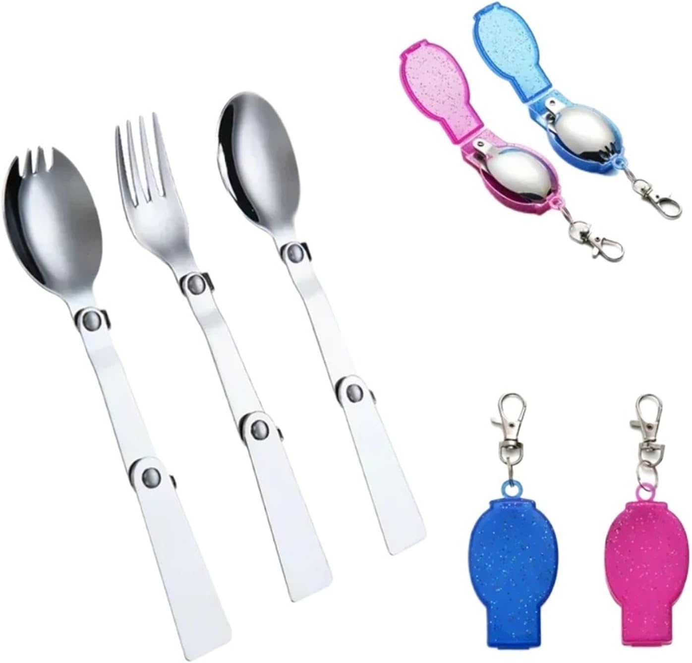 Folding Spoons 10pcs 304 Stainless Steel Solding Spoon, Portable Three-Fold Spoon Fork for Thermos Container Food Containers(Spoon with Red)