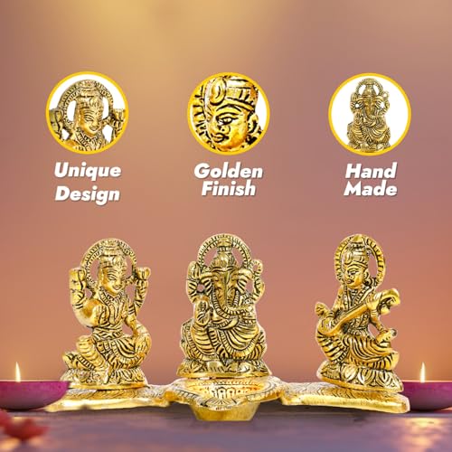 Image of Kalakriti God Idols for puja Room Metal Antique Ganesh laxmi Saraswati Idol Murti |Decorative Platter with Diya, Sitting Blessing Ganpati for Diwali Decoration Festival, Golden