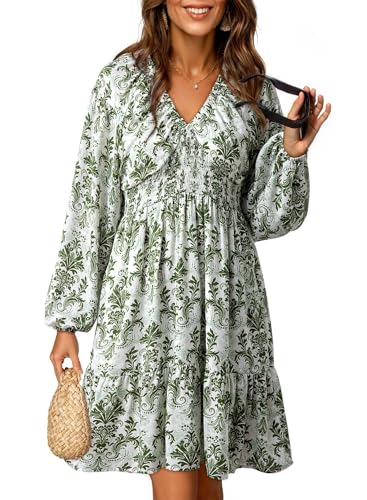 Image of Dokotoo Womens Dresses Boho Floral V Neck Long Sleeve Smocked Elastic Waist Casual A-Line Mini Dress Sundress